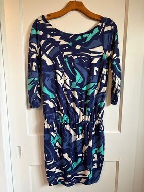Tori Richard Navy, Teal and White Abstract Long Sleeve Dress